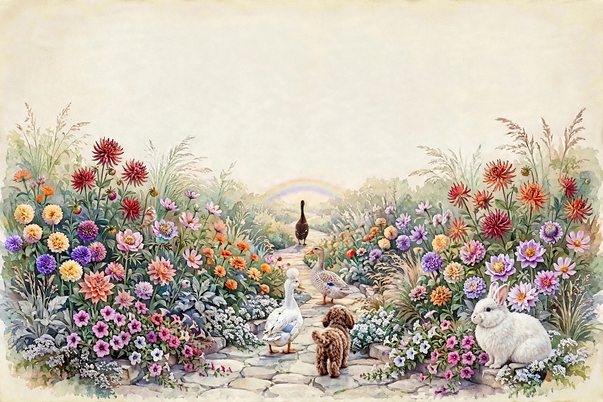 Watercolor of the cottage beds at Hues, with the animal procession walking the stone path