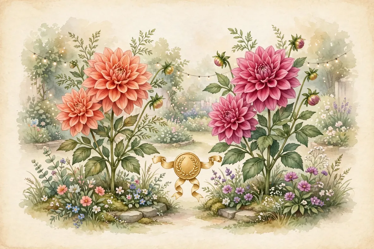 Two dahlia plants face off in a watercolor — coral against magenta, a gold medallion between them
